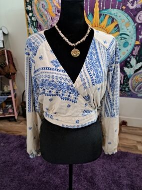 Blue Porcelain Print Wrap Blouse |Women's Blue & Cream Wrap-Style Printed Blouse